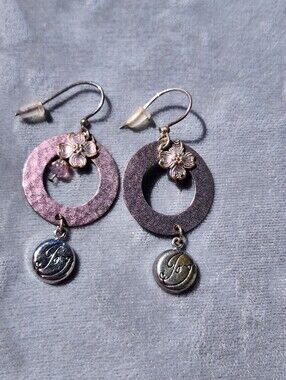 Jody Coyote Purple Floral Circle Drop Earrings with 'Joy' Charm